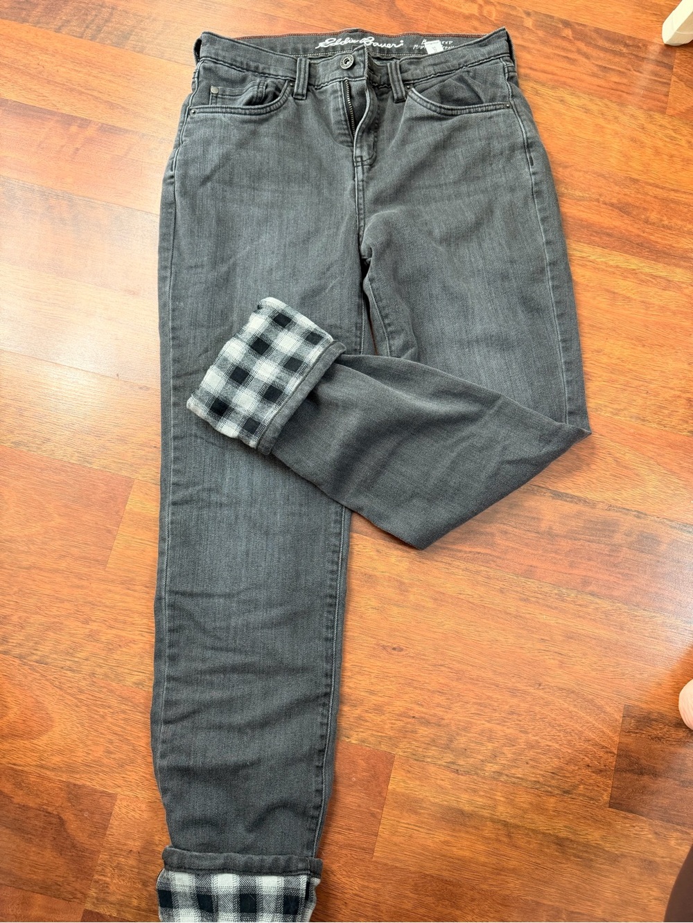Eddie Bauer Boyfriend Mid rise jeans with plaid lining. Size 2